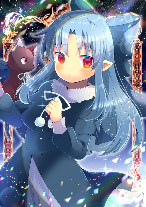 1girl :o animal bangs black_capelet black_cat black_dress blue_bow blue_hair blush bow capelet cat dress eyebrows_visible_through_hair fur-trimmed_capelet fur_trim hair_bow hands_up kouu_hiyoyo len_(tsukihime) long_hair long_sleeves looking_at_viewer parted_bangs parted_lips pointy_ears puffy_long_sleeves puffy_sleeves red_eyes tsukihime very_long_hair