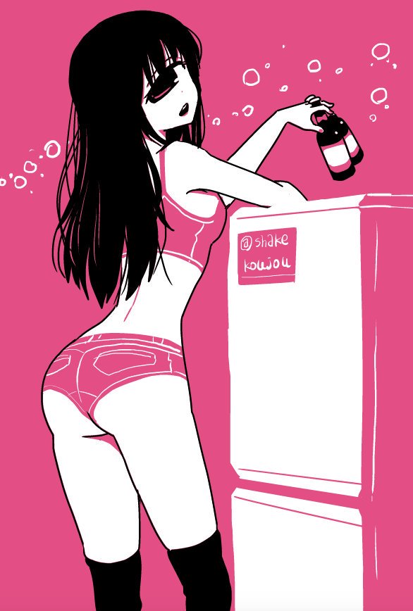 1girl :d alcohol ass back bare_arms bare_shoulders beer beer_bottle bottle cowboy_shot crop_top cyclops denim denim_shorts from_behind head_tilt hitomi_sensei_no_hokenshitsu holding holding_bottle kneehighs long_hair looking_at_viewer looking_back manaka_hitomi monochrome one-eyed open_mouth pink_background refrigerator shake-o short_shorts shorts smile solo standing