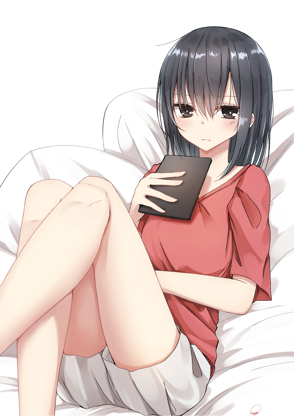 1girl bangs bed_sheet black_hair blush brown_eyes closed_mouth commentary_request grey_shorts hair_between_eyes hand_up highres holding looking_at_viewer lying on_back original pillow piripun red_shirt shirt short_shorts short_sleeves shorts signature solo white_background