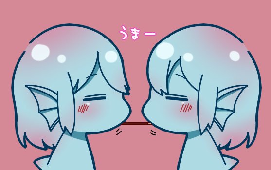 2girls =_= animal_ears bangs blue_hair blue_skin blush chibi closed_mouth dorsal_fin eyebrows_visible_through_hair facing_another fins food from_side head_fins kamaboko_(mato225) monster_girl multiple_girls original pink_background pocky pocky_kiss profile shared_food short_hair simple_background symmetry