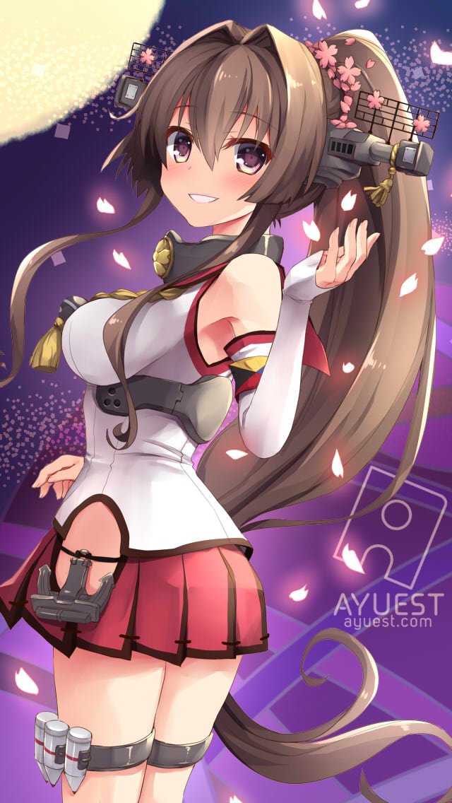 1girl anchor bankoku_ayuya breasts brown_hair cherry_blossoms detached_sleeves flower hair_flower hair_ornament headgear kantai_collection long_hair ponytail single_thighhigh thigh-highs yamato_(kantai_collection)