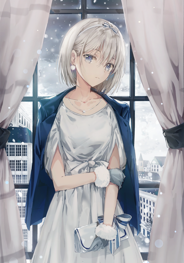 1girl bag blue_eyes city curtains dangmill dress earrings fur_trim gloves hairband hand_on_own_elbow handbag holding_elbow jacket_on_shoulders jewelry looking_at_viewer necklace necktie original revision short_hair silver_hair snow snowing solo white_dress window