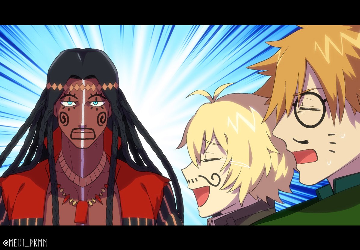 3boys antenna_hair archer_(fate/extra) billy_the_kid_(fate/grand_order) blonde_hair braid closed_eyes face_painting facing_another fate/extra fate/grand_order fate_(series) geronimo_(fate/grand_order) green_eyes jewelry long_hair looking_at_viewer mawiko multiple_boys necklace orange_hair short_hair sweat twitter_username