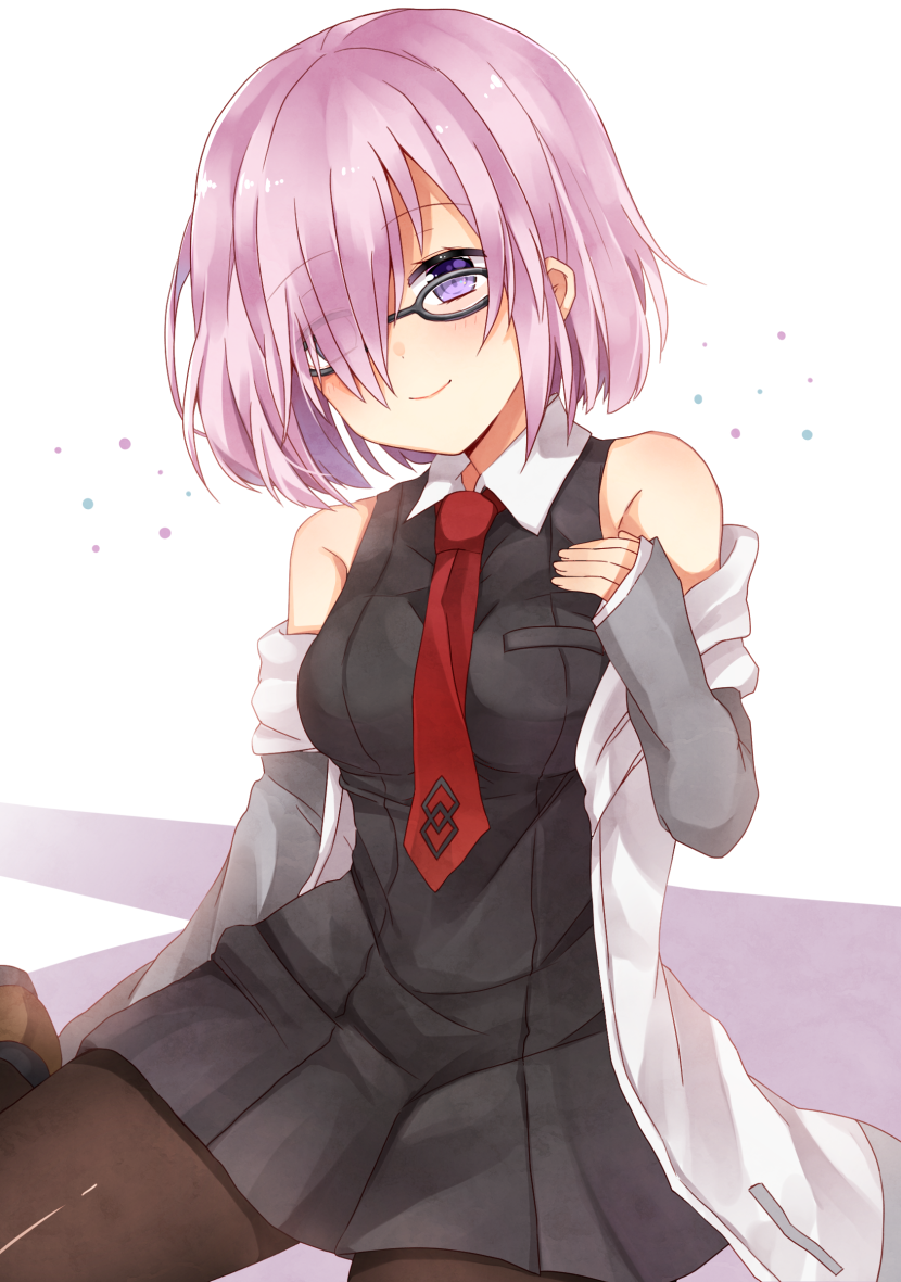 1girl black_dress black_legwear commentary_request dress fate/grand_order fate_(series) glasses hair_over_one_eye looking_at_viewer necktie pantyhose pleated_dress purple_hair shielder_(fate/grand_order) shikino_(sikinonono) short_hair sitting sleeveless sleeveless_dress smile solo violet_eyes wariza