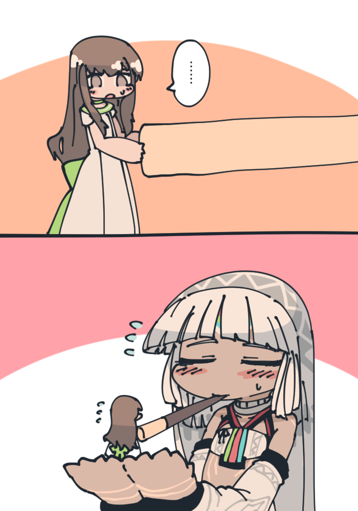 ... 2girls 2koma altera_(fate) bare_shoulders bow closed_eyes comic dark_skin dress f7(eiki) fate/extella fate/extra fate_(series) flying_sweatdrops food giantess green_bow kishinami_hakuno_(female) mouth_hold multiple_girls no_nose pocky pocky_kiss shared_food silent_comic size_difference sketch spoken_ellipsis white_dress yuri