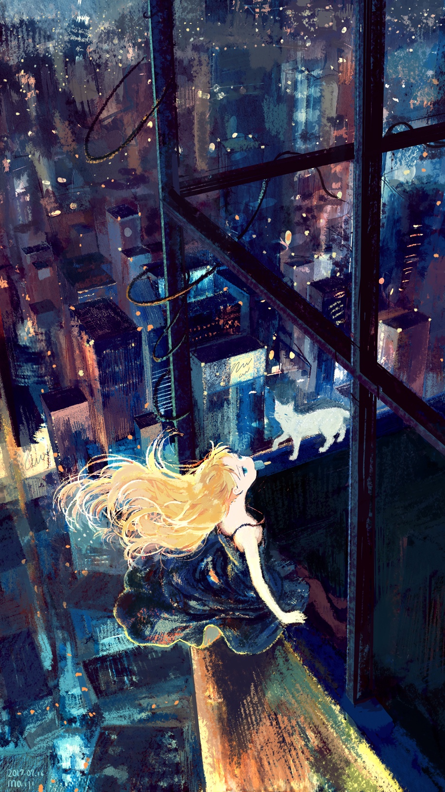 1girl artist_name black_dress black_legwear blonde_hair building cat city commentary_request dated dress flowing_hair food highres long_hair maij night original outdoors pantyhose popsicle sitting skyscraper solo white_cat