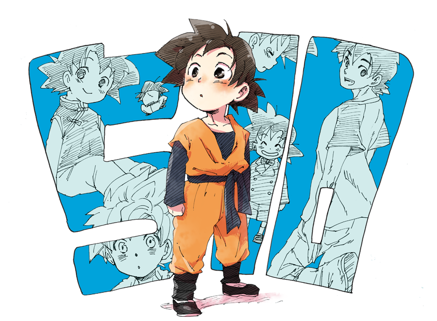 1boy :o back_turned black_eyes black_hair chinese_clothes clenched_hand closed_eyes crying dougi dragon_ball dragonball_z eyebrows_visible_through_hair fukuko_fuku happy long_sleeves looking_at_viewer looking_away looking_back male_focus number open_mouth short_hair simple_background smile son_goten spiky_hair super_saiyan tears white_background