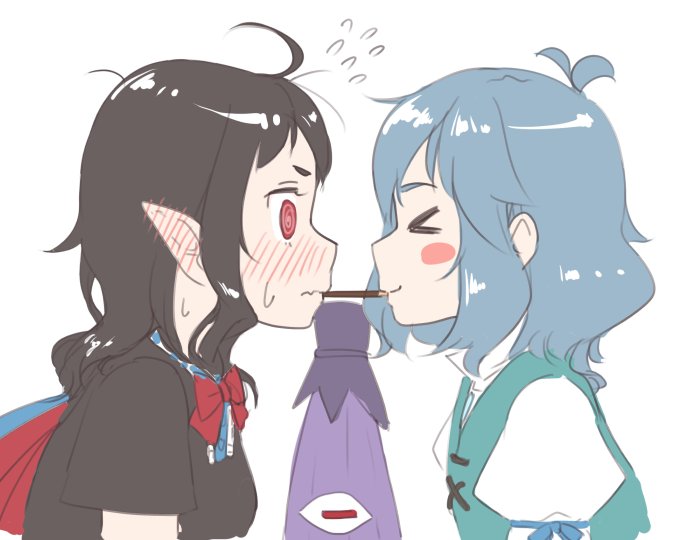 &gt;_&lt; 2girls @_@ black_hair blue_hair blush blush_stickers bow commentary_request ear_blush embarrassed flying_sweatdrops food houjuu_nue karakasa_obake kitano_(kitanosnowwhite) medium_hair multiple_girls pocky pocky_kiss pointy_ears profile shared_food sweat sweating_profusely tatara_kogasa touhou umbrella upper_body yuri