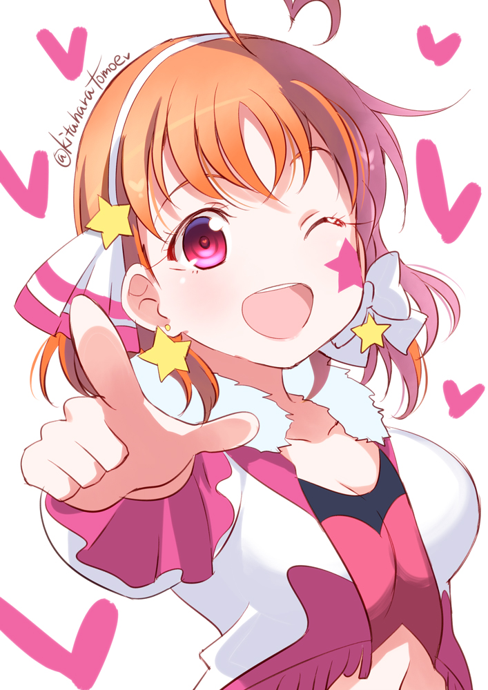 1girl ;d ahoge bangs bow breasts commentary_request facepaint fur_collar hair_bow hair_ornament heart heart-shaped_pupils jacket kitahara_tomoe_(kitahara_koubou) looking_at_viewer love_live! love_live!_school_idol_project love_live!_sunshine!! medium_breasts one_eye_closed open_mouth orange_hair pink_shirt pointing pointing_at_viewer red_eyes shirt short_hair simple_background smile star symbol-shaped_pupils tagme takami_chika twitter_username two_side_up white_background white_jacket winking