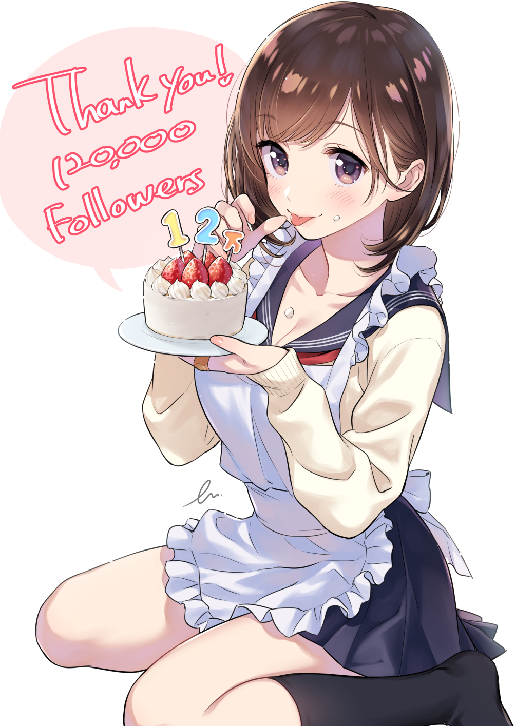 1girl :p apron bandaid_on_finger bangs black_legwear blue_skirt blush breasts brown_hair cake closed_mouth collarbone cream cream_on_face followers food food_on_face frilled_apron frills from_side hands_up highres kneehighs looking_at_viewer medium_breasts miniskirt morikura_en neckerchief original pleated_skirt red_neckwear school_uniform serafuku sidelocks sitting skirt sleeves_past_wrists smile solo sweater swept_bangs thank_you thighs tongue tongue_out uniform violet_eyes wariza