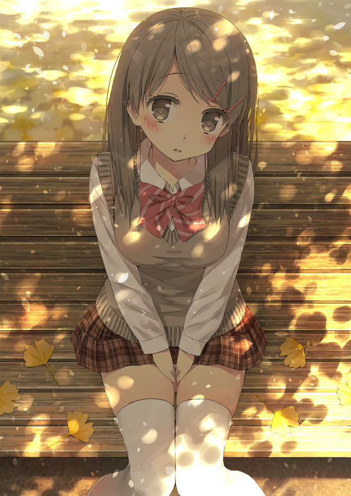 1girl autumn autumn_leaves bangs bench between_legs blush bow breasts collared_shirt dappled_sunlight day grey_eyes grey_hair grey_sweater grey_vest hair_ornament hairclip hand_between_legs leaf long_hair long_sleeves looking_at_viewer medium_breasts open_mouth original outdoors park park_bench petals plaid plaid_skirt red_bow red_neckwear school_uniform shade shirt skirt solo sunlight sweater_vest swept_bangs thigh-highs tsuke_(maholabo) vest white_legwear white_shirt zettai_ryouiki