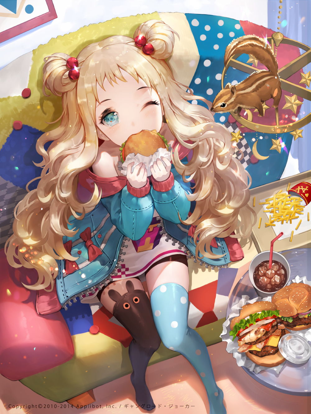 1girl bare_shoulders bendy_straw bike_shorts black_legwear blonde_hair blue_eyes blue_jacket blue_legwear bow commentary_request company_name couch double_bun dress drink drinking_straw eating food french_fries from_above furyou_michi_~gang_road~ hair_bobbles hair_ornament hamburger highres ice ice_cube indoors jacket korean korean_commentary long_hair long_sleeves looking_at_viewer looking_up mismatched_legwear no_shoes off_shoulder on_couch one_eye_closed open_clothes open_jacket plastic_cup polka_dot polka_dot_legwear print_dress short_twintails shorts_under_dress sitting soda solo squirrel strapless strapless_dress thigh-highs tob twintails unzipped watermark wavy_hair zettai_ryouiki zipper