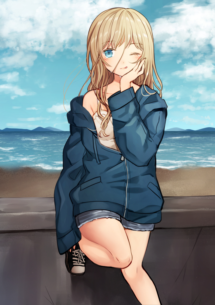 1girl bare_shoulders blonde_hair blue_eyes hair_over_face kurata_rine long_hair messy_hair mountain ocean one_eye_closed original partially_unzipped shoreline short_shorts shorts sleeves_past_wrists smile solo tank_top tongue tongue_out water windbreaker
