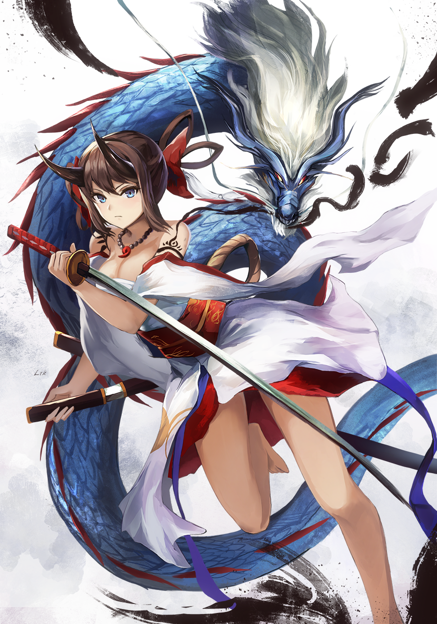 &gt;:( 1girl bare_shoulders blue_eyes breasts brown_hair cleavage closed_mouth detached_sleeves dragon dual_wielding eastern_dragon eruthika hair_ribbon hair_rings highres holding holding_sword holding_weapon katana large_breasts long_hair looking_at_viewer magatama obi oni_horns original red_ribbon ribbon sash solo sword tattoo weapon wide_sleeves