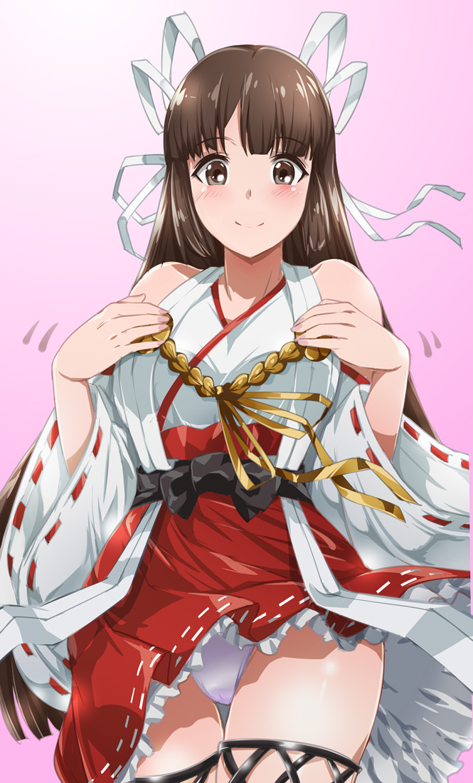 1girl bare_shoulders blush breasts brown_eyes brown_hair closed_mouth cosplay detached_sleeves gradient gradient_background hair_ribbon hakama hands_on_own_chest haruna_(kantai_collection) haruna_(kantai_collection)_(cosplay) hiyou_(kantai_collection) japanese_clothes kantai_collection long_hair looking_at_viewer makumaxu medium_breasts nontraditional_miko panties pantyshot red_hakama ribbon ribbon-trimmed_sleeves ribbon_trim smile solo thigh-highs thighs underwear upper_body white_panties wide_sleeves