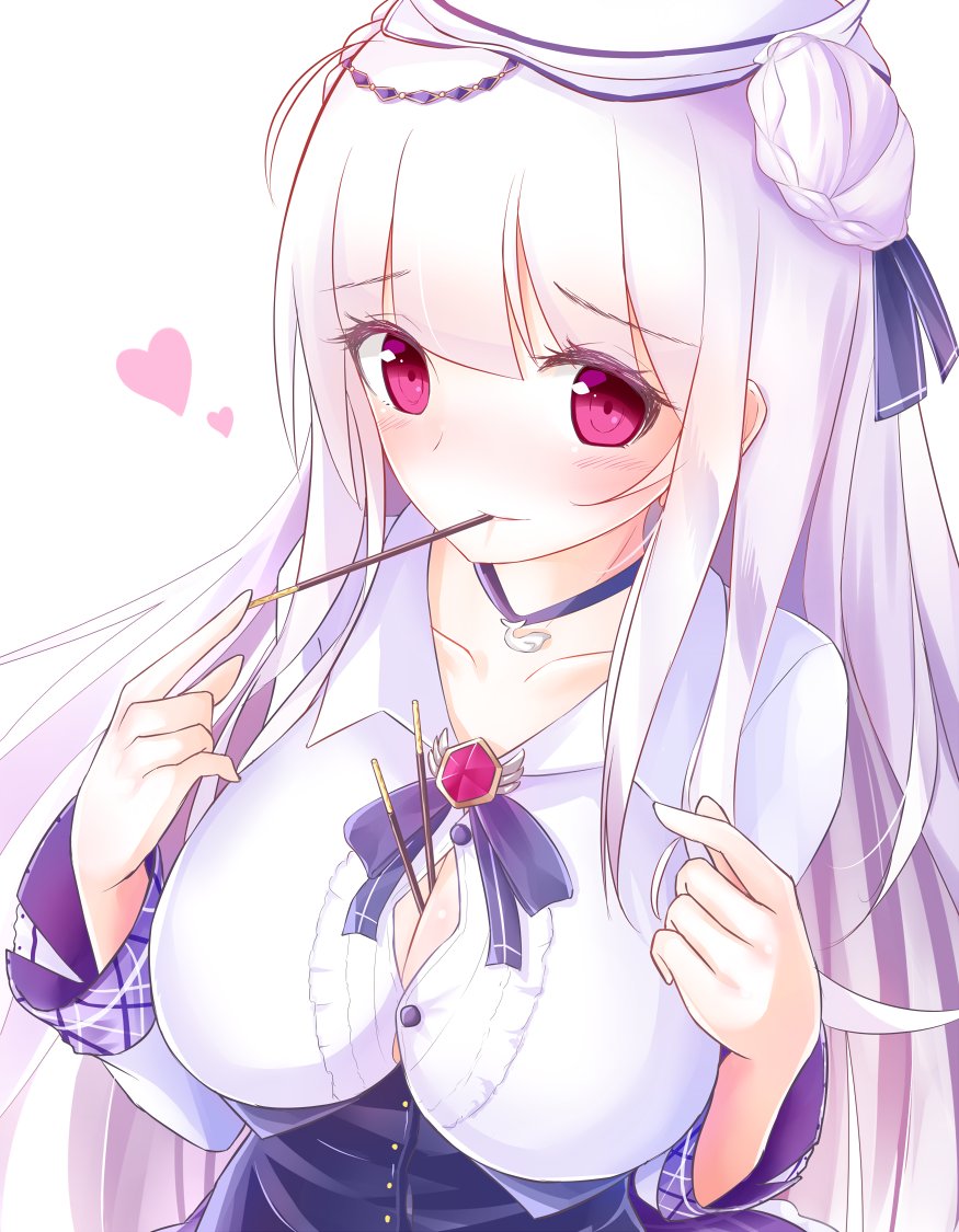 1girl azur_lane between_breasts breasts bursting_breasts cleavage commentary_request cygnet_(azur_lane) double_bun food hat heart jewelry long_sleeves necklace pocky pocky_day red_eyes remodel_(azur_lane) solo white_hair