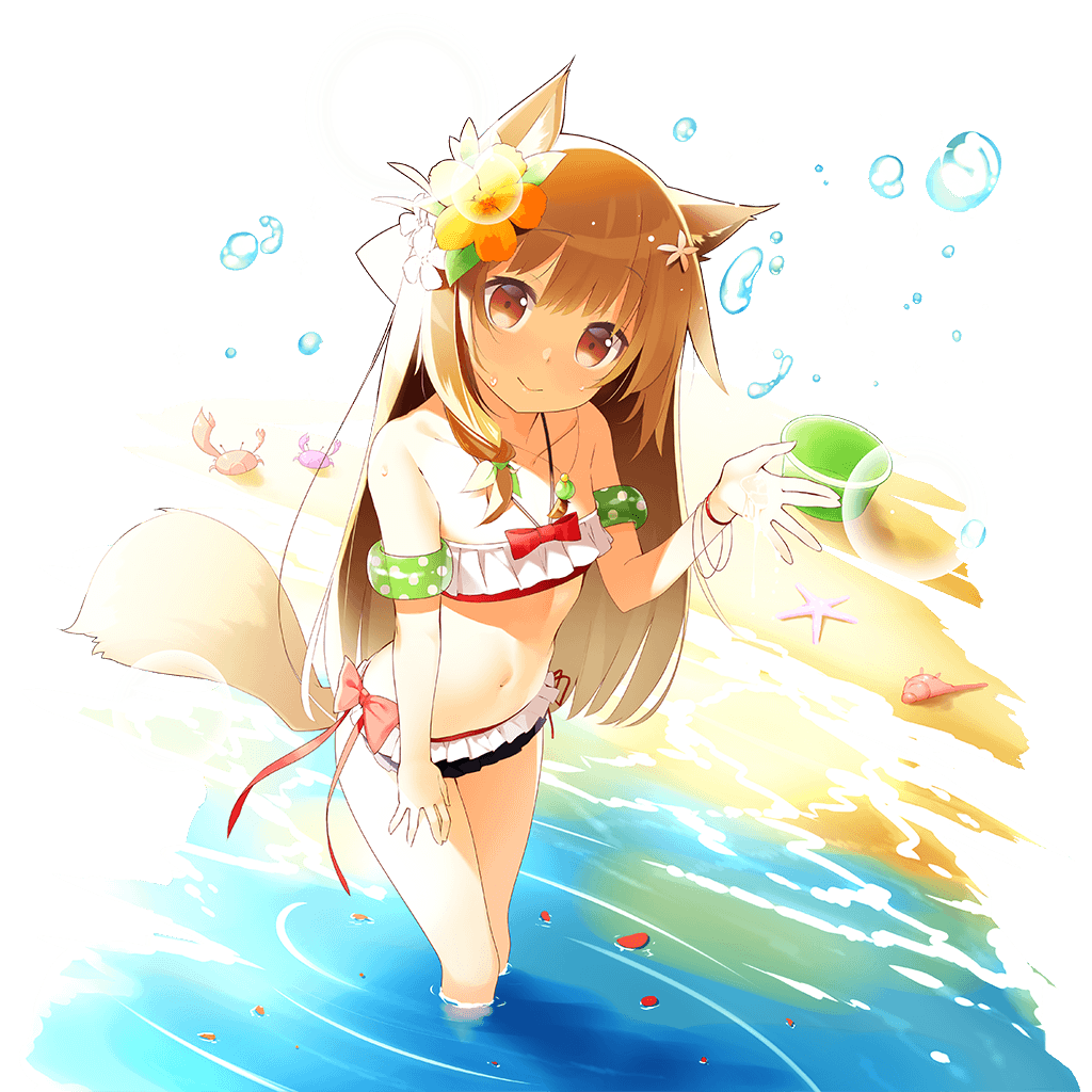 1girl :&gt; animal_ears bandeau bikini brown_eyes brown_hair character_request closed_mouth crab floater flower foreshortening from_above hair_flower hair_ornament halterneck looking_at_viewer nekomu petals side-tie_bikini single_sidelock smile solo starfish swimsuit tail transparent_background uchi_no_hime-sama_ga_ichiban_kawaii wading wristband