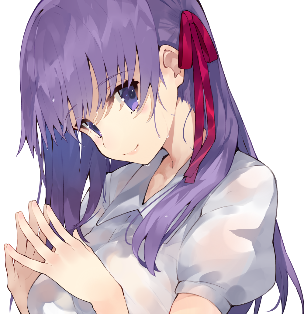 blush breasts closed_mouth fate/stay_night fate_(series) fingers_together hair_ribbon kou_mashiro lips long_hair looking_at_viewer matou_sakura medium_breasts pink_ribbon puffy_short_sleeves puffy_sleeves purple_hair ribbon shirt short_sleeves simple_background upper_body violet_eyes white_background white_shirt