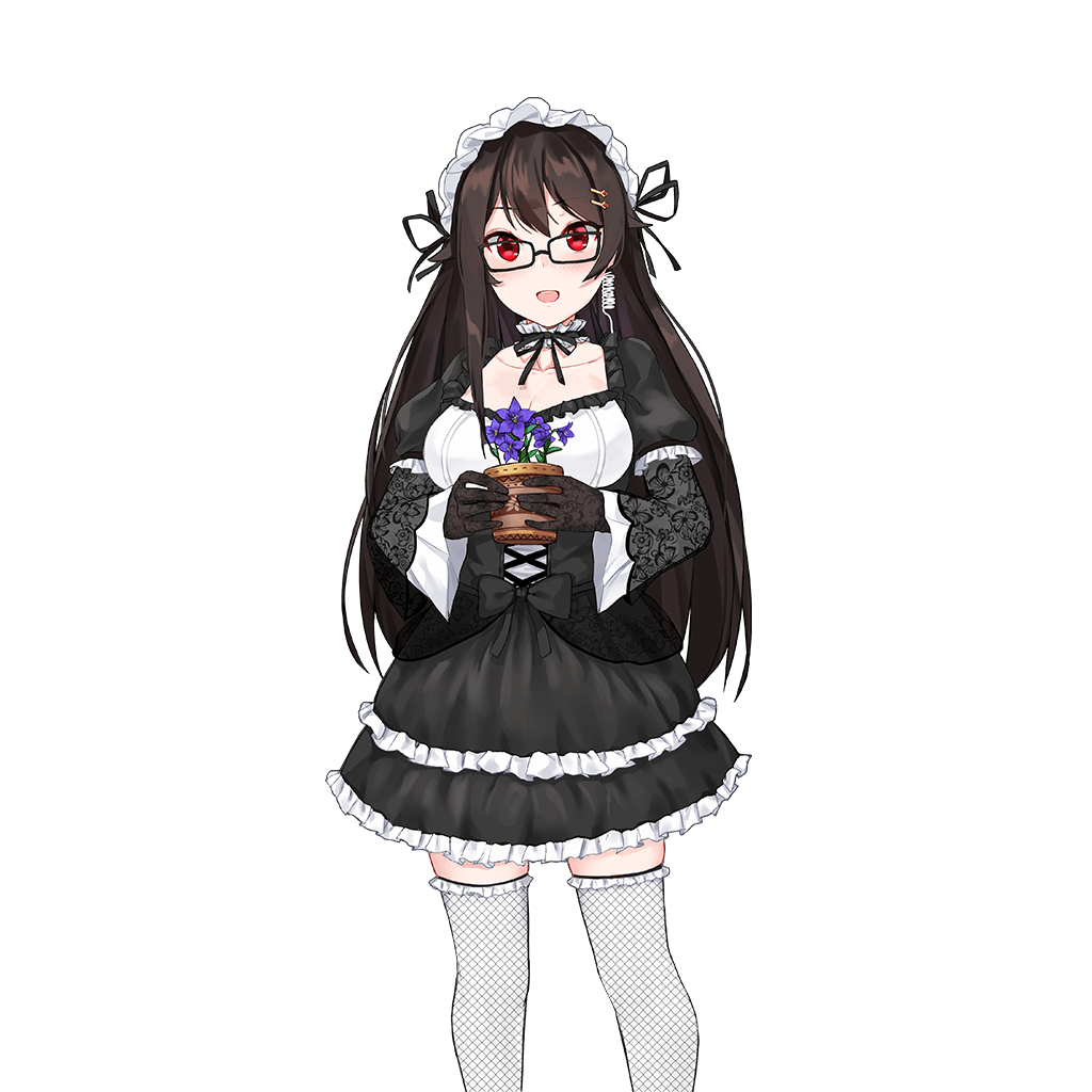 1girl :d black-framed_eyewear black_gloves black_hair blush breasts cleavage corset deneb_(noble324) detached_collar earpiece gloves gothic_lolita hair_ornament hairband hairclip hanasaki_tomoyo_(uchi_no_hime-sama) lolita_fashion lolita_hairband long_hair looking_at_viewer medium_breasts open_mouth red_eyes smile solo standing thigh-highs uchi_no_hime-sama_ga_ichiban_kawaii white_legwear wide_sleeves