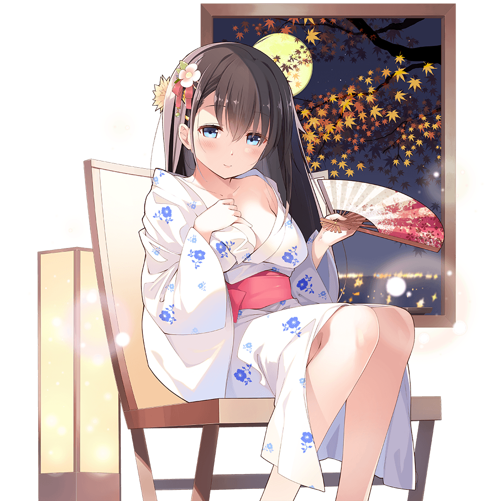 1girl blue_eyes blush breasts brown_hair cleavage closed_mouth emma_beauty fan floral_print flower folding_fan full_moon hair_flower hair_ornament hairclip hand_on_own_chest indoors japanese_clothes kimono long_hair looking_at_viewer medium_breasts moon nekomu obi off_shoulder open_clothes open_kimono sash sitting smile solo transparent_background uchi_no_hime-sama_ga_ichiban_kawaii yukata