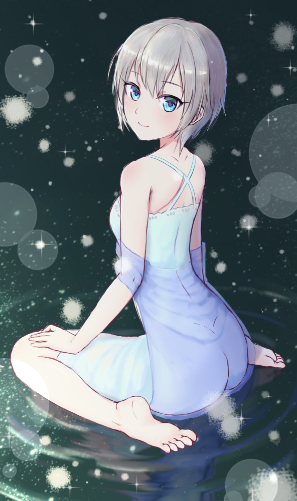 1girl anastasia_(idolmaster) ass bangs bare_shoulders barefoot blue_dress blue_eyes blush chouge60229 closed_mouth dimples_of_venus dress from_behind full_body hand_on_own_thigh idolmaster idolmaster_cinderella_girls idolmaster_cinderella_girls_starlight_stage light_particles looking_back ripples see-through shawl shiny shiny_hair short_hair silver_hair sitting sleeveless sleeveless_dress solo sparkle wariza water wet wet_clothes wet_dress