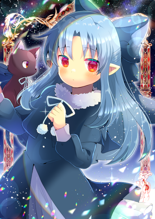 1girl animal bangs black_capelet black_cat black_dress blue_bow blue_hair blush bow capelet cat closed_mouth commentary_request dress eyebrows_visible_through_hair fur-trimmed_capelet fur_trim hair_bow hands_up kouu_hiyoyo len_(tsukihime) long_hair long_sleeves looking_at_viewer parted_bangs pointy_ears puffy_long_sleeves puffy_sleeves red_eyes tsukihime very_long_hair