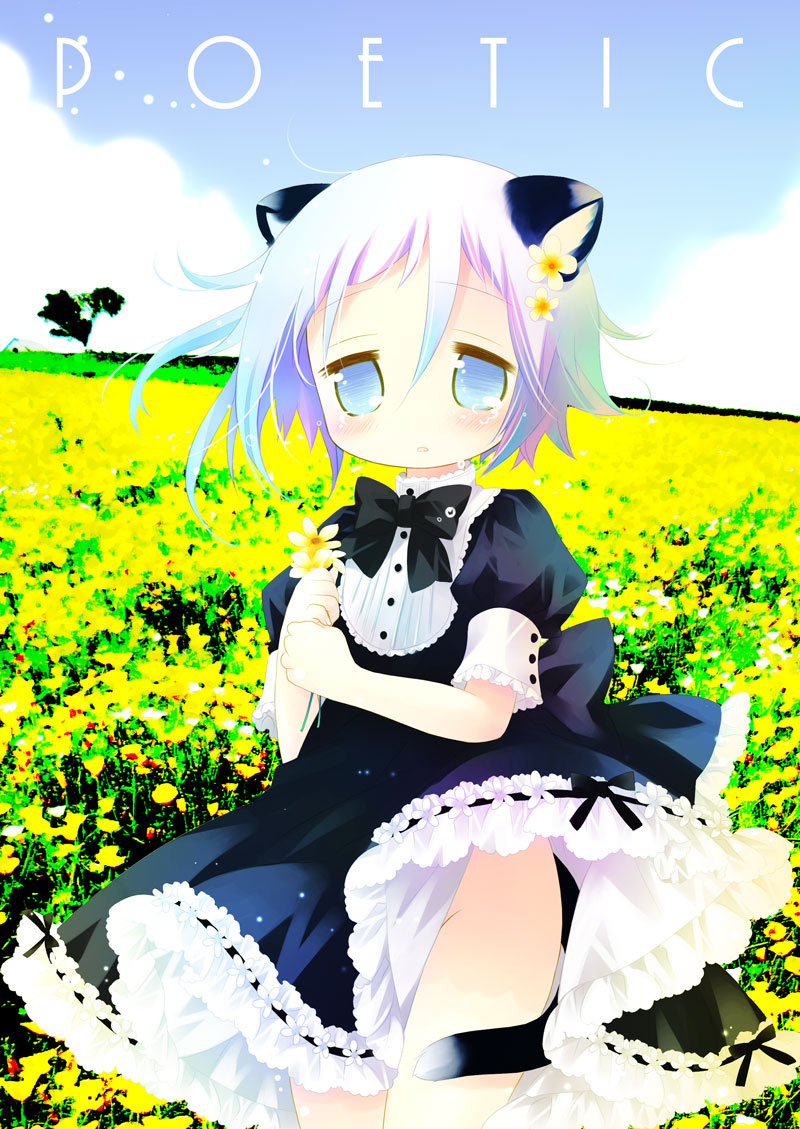 androgynous animal_ears black_dress black_neckwear blue_eyes blue_hair blue_sky blush bow bowtie cat_ears cat_tail clouds cowboy_shot crona_(soul_eater) day dress field fingernails flower flower_field frilled_dress frills gradient_hair green_hair groin hair_flower hair_ornament holding holding_flower multicolored_hair no_panties outdoors parted_lips photo_background puffy_short_sleeves puffy_sleeves purple_hair sakurazawa_izumi short_hair short_sleeves sky solo soul_eater standing tail tears yellow_flower