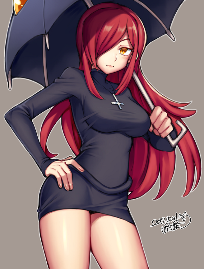 1girl blush breasts cross cross_necklace hair_over_one_eye hand_on_hip iroyopon jewelry large_breasts long_hair long_sleeves looking_at_viewer necklace parasoul_(skullgirls) redhead skullgirls solo turtleneck_dress umbrella yellow_eyes