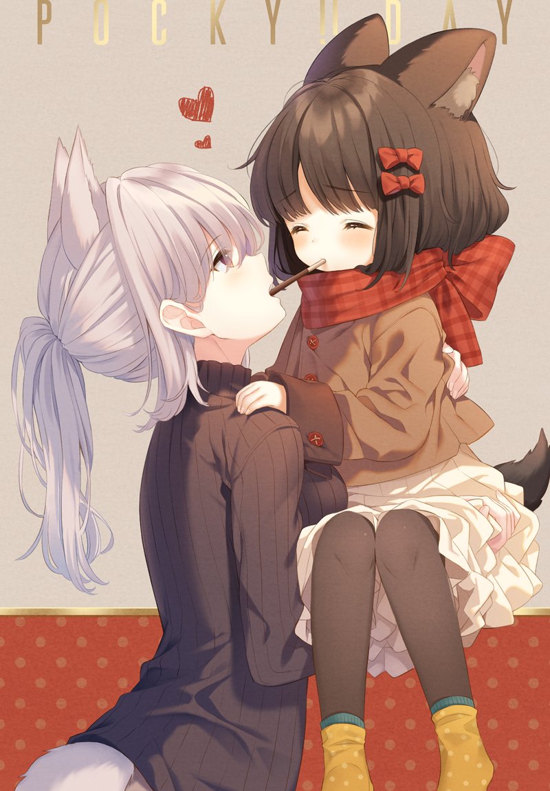 2girls age_difference animal_ears bangs black_legwear black_sweater blush bow brown_hair brown_jacket carrying closed_eyes commentary_request dog_ears dog_girl dog_tail enpera eyebrows_visible_through_hair fingernails food food_in_mouth grey_background hair_bow hand_on_another's_shoulder heart jacket kurokuma_(kuro_kumagaya) long_hair looking_at_another looking_up mouth_hold multiple_girls original pantyhose plaid plaid_scarf pleated_skirt pocky pocky_day pocky_kiss polka_dot polka_dot_legwear ponytail red_bow red_scarf scarf shared_food silver_hair simple_background skirt socks socks_over_pantyhose sweater tail white_skirt wolf_ears wolf_girl wolf_tail yellow_legwear yuri