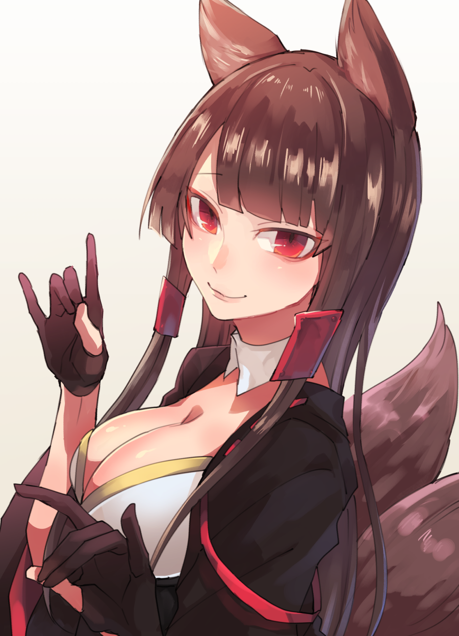 1girl akagi_(azur_lane) animal_ears azur_lane bangs black_gloves black_hair breasts cleavage detached_collar fox_ears fox_tail from_side gesture_request gloves highres japanese_clothes large_breasts long_hair looking_at_viewer multiple_tails partly_fingerless_gloves red_eyes smile solo tail temoto upper_body