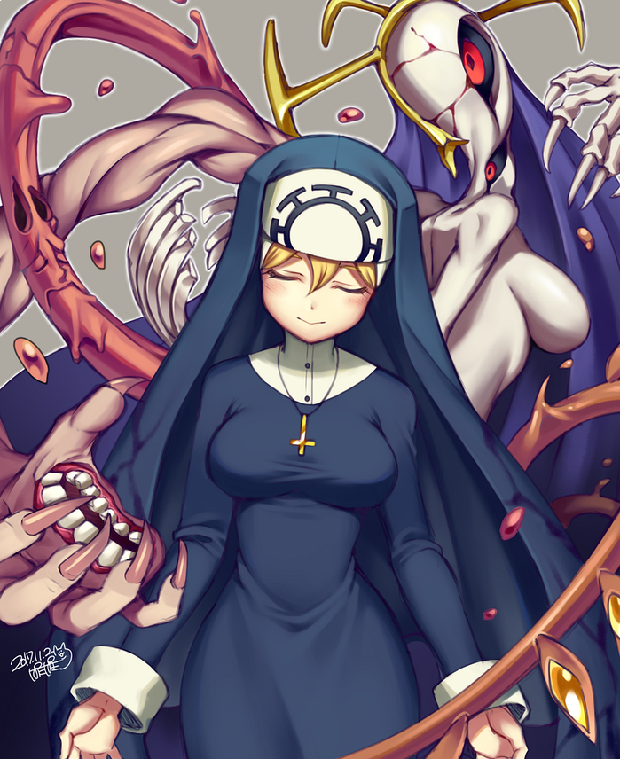 1girl black_legwear blonde_hair blush breasts closed_eyes closed_mouth cross cross_necklace double_(skullgirls) eldritch_abomination extra_eyes full_body habit hair_between_eyes iroyopon jewelry long_sleeves medium_breasts monster necklace nun red_eyes skullgirls smile solo thigh-highs white_background