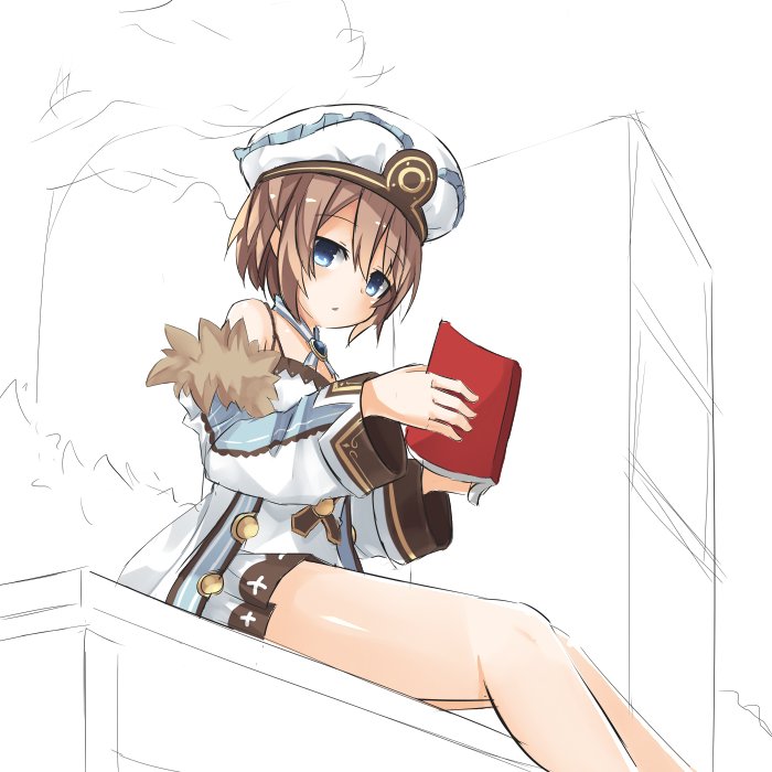 1girl blanc blue_eyes book brown_hair hat himajin_(starmine) neptune_(series) reading short_hair solo