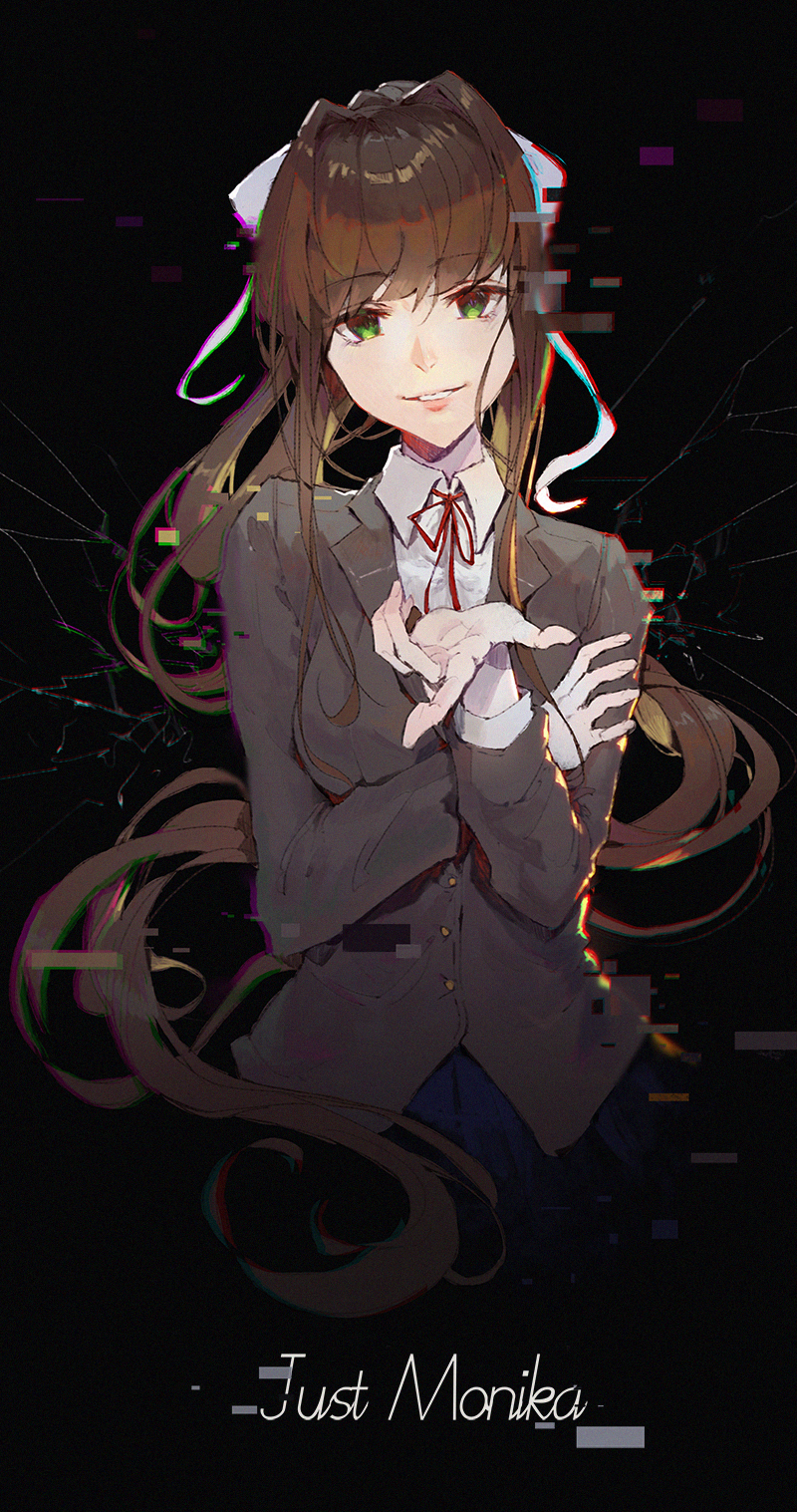 1girl bangs black_background blue_skirt brown_hair collared_shirt digital_dissolve doki_doki_literature_club english eyebrows_visible_through_hair green_eyes grey_jacket hat hat_ribbon highres jacket kuroduki_(pieat) long_hair long_sleeves looking_at_viewer monika_(doki_doki_literature_club) neck_ribbon parted_lips pleated_skirt red_neckwear red_ribbon ribbon school_uniform shirt skirt smile solo very_long_hair white_ribbon white_shirt wing_collar