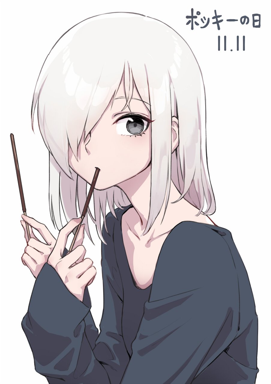 1girl bangs blue_sweater eating eyebrows_visible_through_hair food grey_eyes hair_over_one_eye highres holding long_sleeves looking_at_viewer medium_hair one_eye_covered oopartz_yang pocky pocky_day silver_hair simple_background solo sweater upper_body white_background