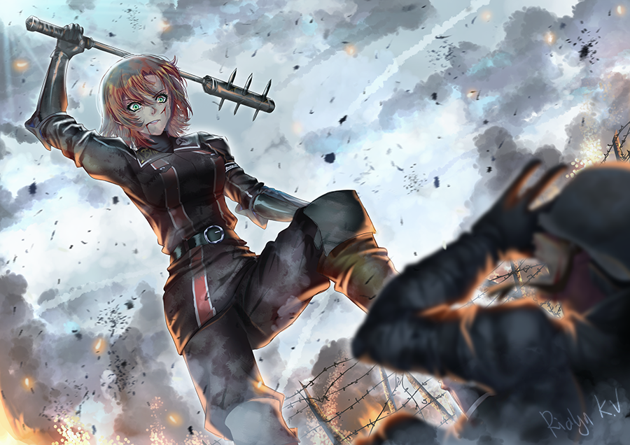 1boy 1girl barbed_wire battlefield battlefield_1 blood fire helmet military military_uniform nora_valkyrie rialynkv rwby senjou_no_valkyria senjou_no_valkyria_3 smoke soldier trench_mace uniform war