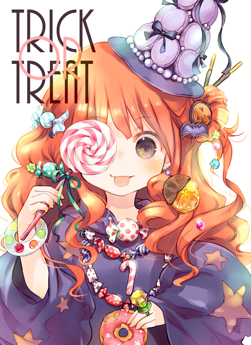 1girl :p bangs bat_hair_ornament blush bracelet candy candy_hair_ornament commentary_request doughnut dress earrings english eyebrows_visible_through_hair food food_themed_hair_ornament grey_eyes hair_ornament hairpin halloween hat holding_lollipop jewelry kuga_tsukasa lollipop long_hair long_sleeves mini_hat necklace one_eye_covered original pumpkin_hair_ornament purple_dress redhead ring ring_pop simple_background solo tongue tongue_out top_hat trick_or_treat upper_body white_background