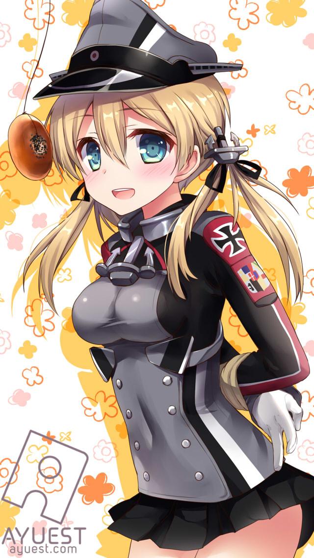 1girl anchor_hair_ornament aqua_eyes arms_behind_back bankoku_ayuya black_ribbon black_skirt blonde_hair bound bound_arms doughnut food gloves hair_ornament hat iron_cross kantai_collection low_twintails microskirt military military_hat military_uniform peaked_cap pleated_skirt prinz_eugen_(kantai_collection) ribbon skirt twintails uniform white_gloves