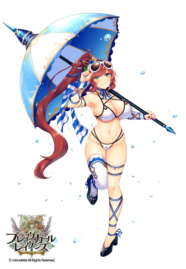 1girl armpits bare_shoulders bikini blush brave_girl_ravens breasts cleavage copyright_name eyewear_on_head full_body green_eyes hair_ornament horosuke_(toot08) large_breasts long_hair looking_at_viewer navel official_art parasol parted_lips redhead side_ponytail simple_background single_thighhigh smile solo standing stomac swimsuit thigh-highs umbrella very_long_hair white_background white_bikini white_legwear