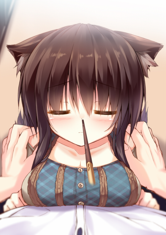 1boy 1girl animal_ears blush breasts brown_hair cat_ears closed_eyes collarbone face food hands_on_another's_shoulders incoming_pocky_kiss long_hair medium_breasts mia_flatpaddy original pocky pocky_day pocky_kiss pov shared_food syroh up_nose you're_doing_it_wrong