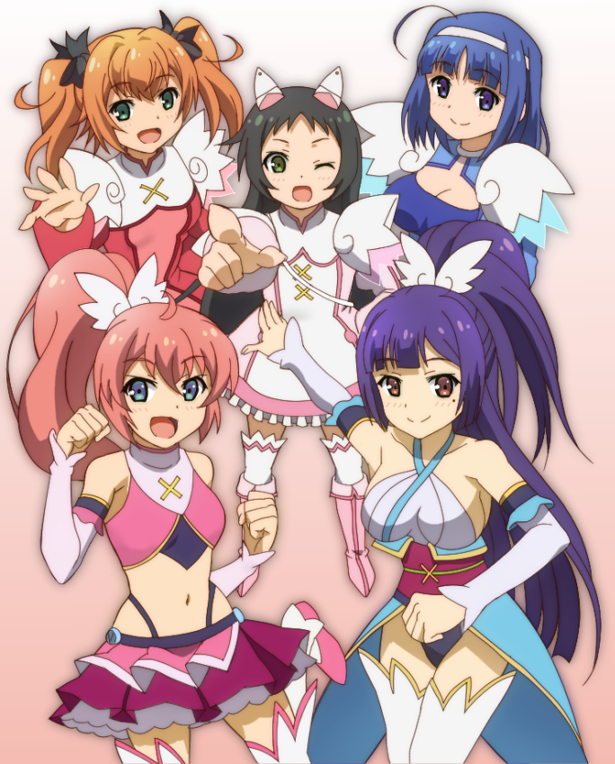 5girls :d ahoge amatsuki_meguru armpit_peek black_hair blue_eyes blue_hair blush breasts brown_hair cleavage clenched_hands gradient gradient_background green_eyes hair_ribbon hand_on_hip hazuki_kurumi high_ponytail kannazuki_aoi kisaragi_sumire leotard looking_at_viewer magical_girl medium_breasts midriff mole mole_under_eye multiple_girls navel one_eye_closed onomekaman oosawa_mina open_mouth pink_background pink_hair pointing pointing_at_viewer purple_hair ribbon short_hair sideboob small_breasts smile twin_angel twin_angel_break twintails waving white_legwear