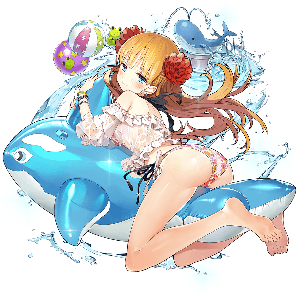 1girl ass ball bare_legs barefoot beachball bikini blue_eyes bracelet closed_mouth earrings feet floral_print flower hair_flower hair_ornament inflatable_orca inflatable_toy jewelry light_brown_hair long_hair matsui_hiroaki official_art print_bikini see-through sheria_harps shirt smile soles solo swimsuit toes transparent_background uchi_no_hime-sama_ga_ichiban_kawaii wet wet_clothes wet_shirt