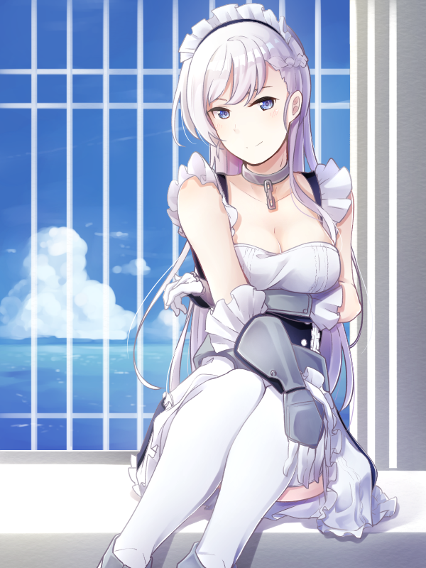 1girl azur_lane bangs belfast_(azur_lane) blue_eyes blush braid breasts chains cleavage collar collarbone commentary_request eyebrows_visible_through_hair french_braid gloves large_breasts long_hair looking_at_viewer maid maid_headdress morugen silver_hair sitting smile solo thigh-highs white_legwear