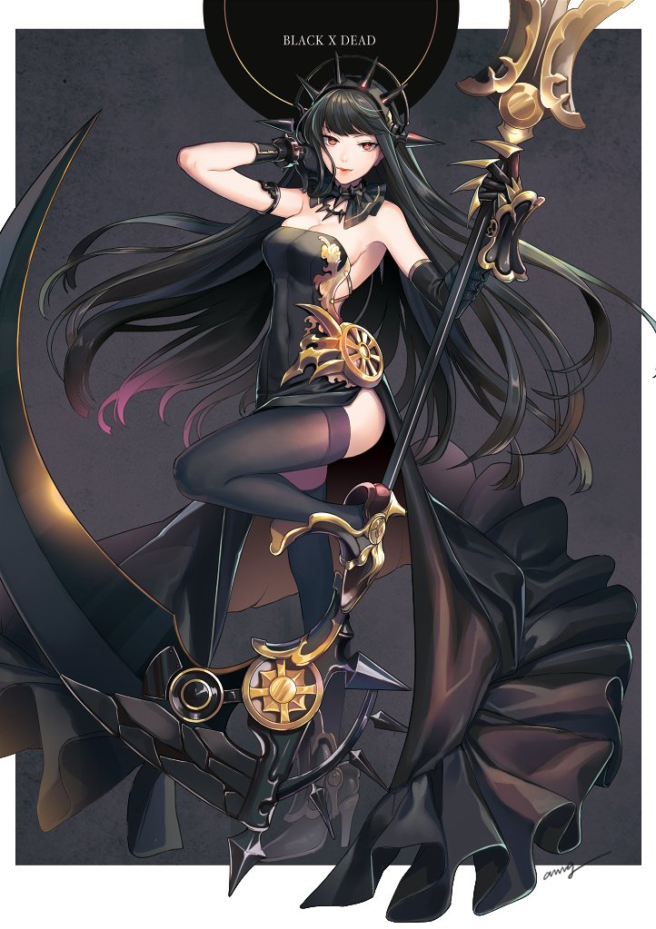 1girl amg_(nwmnmllf) armband asymmetrical_gloves bangs bare_shoulders black_background black_dress black_gloves black_hair black_legwear blunt_bangs breasts brown_eyes cleavage closed_mouth dress elbow_gloves gloves high_heels holding holding_weapon knee_up long_hair looking_at_viewer medium_breasts red_eyes scythe signature single_elbow_glove smile solo spiked_hairband spikes thigh-highs very_long_hair weapon