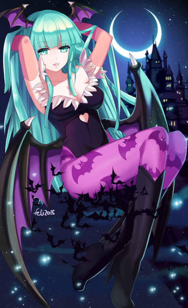 1girl animal_print aqua_eyes aqua_hair armpits arms_behind_head arms_up bat_print bat_wings breasts bridal_gauntlets capcom cleavage demon_girl felicia-val head_wings heart_cutout leotard long_hair looking_at_viewer medium_breasts morrigan_aensland parted_lips print_legwear solo succubus vampire_(game) wings