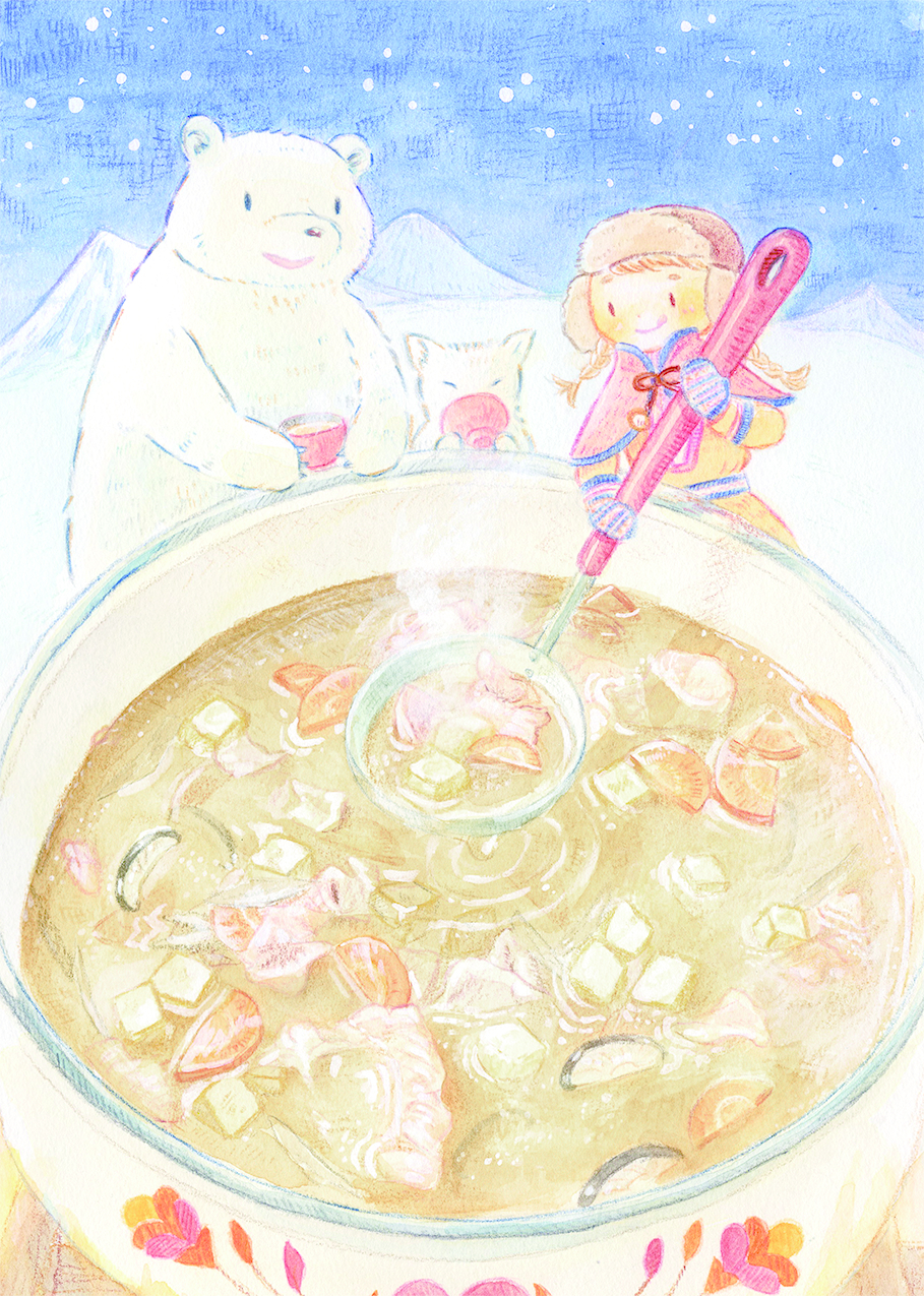 1girl akisame-zakkaten bear blue_sky bowl braid brown_hair colored_pencil_(medium) food highres ladle licking_lips mittens mountain original oversized_object sky snow standing stew tongue tongue_out traditional_media watercolor_(medium) winter_clothes wolf