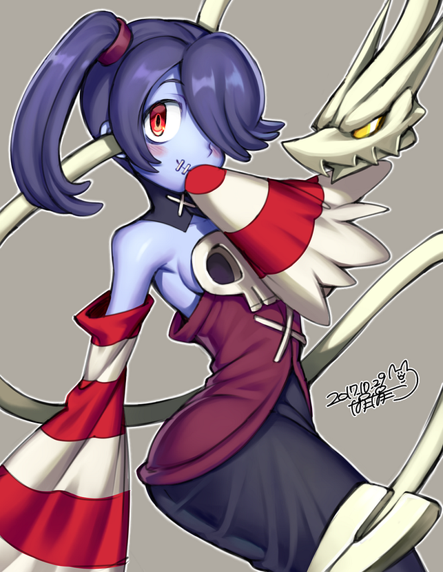 1girl bare_shoulders blue_skin breasts detached_collar detached_sleeves dress hair_over_one_eye iroyopon leviathan_(skullgirls) looking_at_viewer monster_girl red_eyes side_ponytail sideboob skull skullgirls small_breasts smile squigly_(skullgirls) stitched_mouth stitches striped striped_sleeves zombie