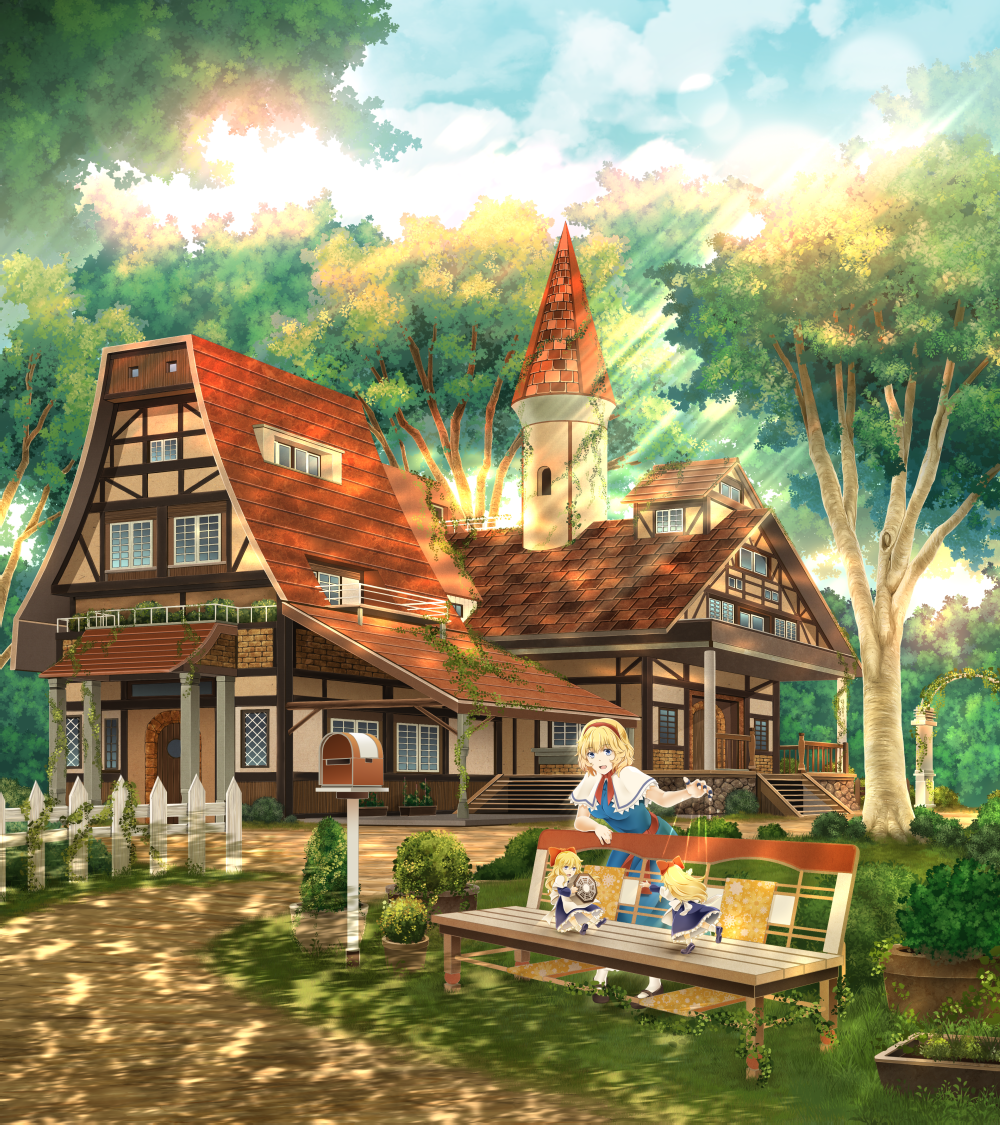 alice_margatroid arkatopia arm_support bench blonde_hair blue_eyes capelet clouds dappled_sunlight fence grass hairband house leaning_forward mailbox mini-hakkero open_mouth outdoors path plant potted_plant puppet_strings road scenery shanghai_doll sky smile stairs sunlight touhou tree vines