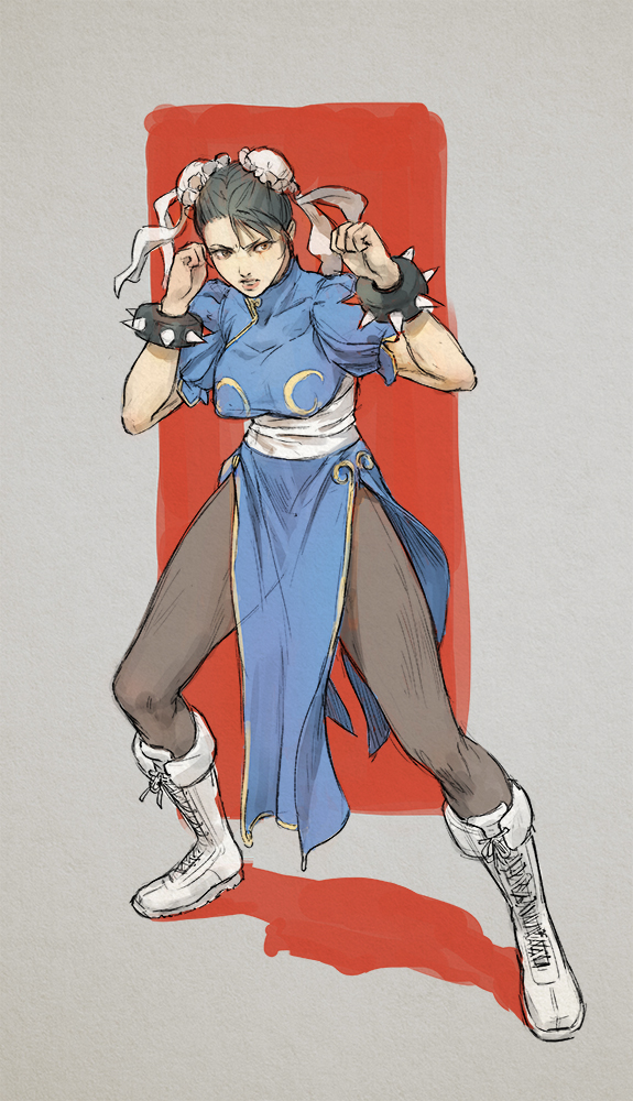 1girl black_hair blue_dress boots bracelet breasts brown_eyes bun_cover china_dress chinese_clothes chun-li clenched_teeth double_bun dress fighting_stance full_body grey_legwear hands_up jewelry large_breasts pantyhose parted_lips pelvic_curtain sash short_hair solo spiked_bracelet spikes standing street_fighter teeth tim_loechner two-tone_background white_footwear