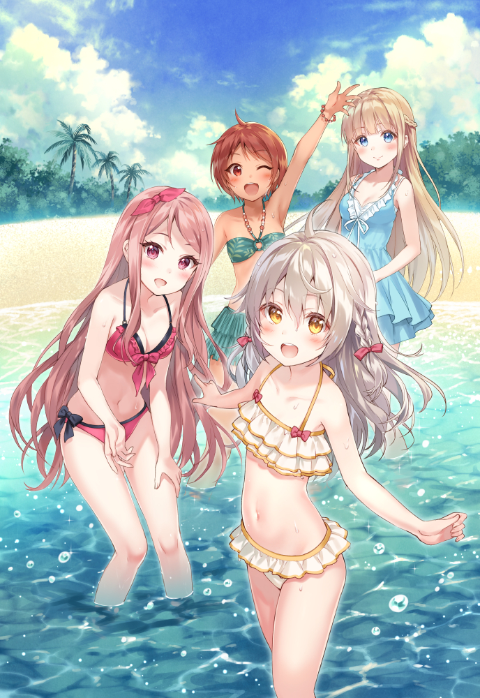 4girls :d ;d arm_up armpits bandeau bangs bare_legs beach bikini bikini_skirt black_bow blonde_hair blue_dress blue_eyes blue_hair blue_sky blue_swimsuit blunt_bangs blush bow braid breasts brown_hair casual_one-piece_swimsuit cleavage clouds cloudy_sky collarbone dark_skin day dress eyebrows_visible_through_hair frilled_bikini frilled_bikini_top frilled_dress frills front-tie_bikini front-tie_top fukahire_sanba green_bikini hair_bow hair_ribbon halterneck leaning_forward long_hair medium_breasts multiple_girls navel one-piece_swimsuit one_eye_closed open_mouth original outdoors palm_tree pink_eyes pink_hair red_bikini red_eyes red_ribbon revision ribbon round_teeth shore short_hair side-tie_bikini sidelocks sky sleeveless sleeveless_dress small_breasts smile splashing standing stomach sundress swimsuit tareme teeth tree twin_braids very_long_hair wading water water_drop waving wet wet_hair white_bikini yellow_eyes