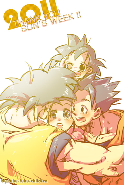 1girl 2011 3boys :d :o artist_name back_turned black_eyes black_hair brothers chi-chi_(dragon_ball) dougi dragon_ball dragonball_z family father_and_son fukuko_fuku hand_on_another's_face hug looking_at_another mother_and_son multiple_boys one_eye_closed open_mouth siblings simple_background smile son_gohan son_gokuu son_goten spiky_hair tears text white_background